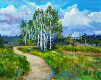 May include: A painting of a winding dirt path leading through a field of green grass and a grove of birch trees. The sky is blue with white clouds.