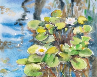 Original Watercolor Painting - Water Lilies Pond Art, Floral Wall Decor, Botanical Fine Art
