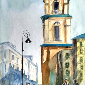 Original Watercolor Painting: European Cityscape Art (11.7x19.5)