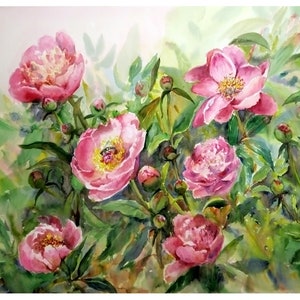 Watercolor Pink Peonies Art Print: Impressionism Style (Digital Download)