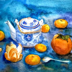 Still life watercolor painting, wall art for kitchen, Blue watercolor artwork