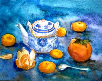 Still life watercolor painting, wall art for kitchen, Blue watercolor artwork