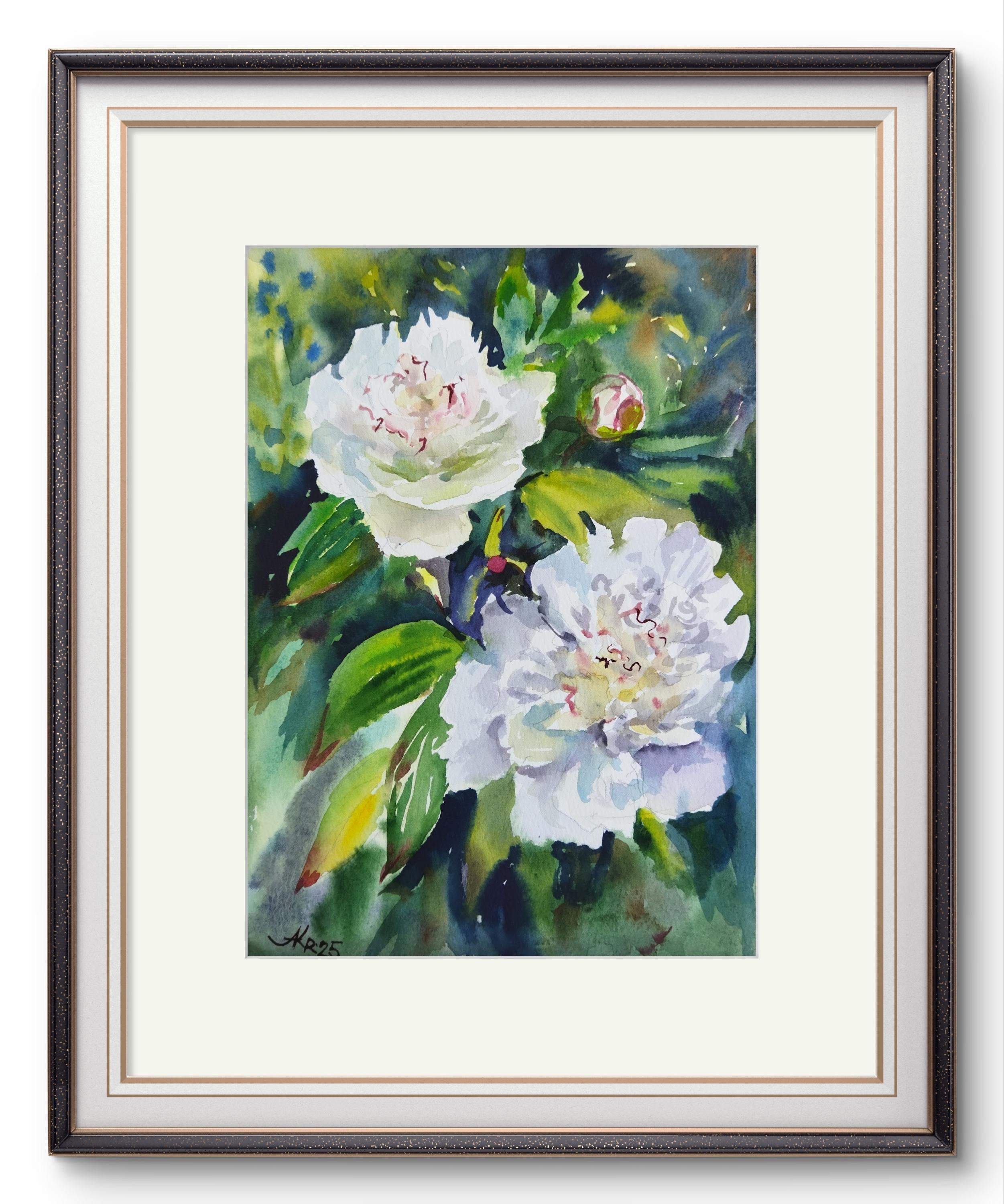オリジナルの白い牡丹の水彩画：花のアートワーク 8x10インチ - Etsy 日本