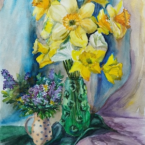 Narzissen Aquarell Malerei: Original Blumenkunst