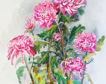 菊の絵画、オリジナルの花の水彩画、8x11 - Etsy 日本
