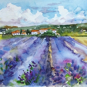 LAVENDER FIELD Print - Watercolor landscape Print -  Painting Countryside - Lavender Field artwork