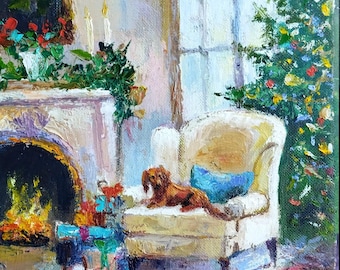 クリスマスイブのインテリア オリジナル油絵 アームチェアに座る クリスマスイブのインテリア オリジナル油絵 アームチェアに座る