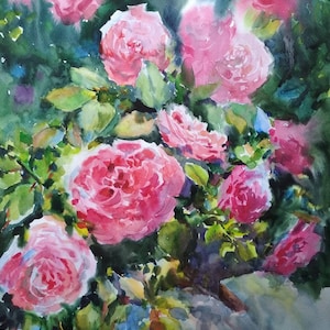 Pink rose watercolor painting, Red roses Floral Artwork, Botanical art Original Watercolor Painting