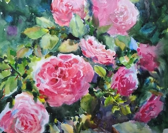 Oryginalny obraz akwarelowy z różowymi różami: sztuka kwiatowo-botaniczna (13,7 x 19,5 cala)