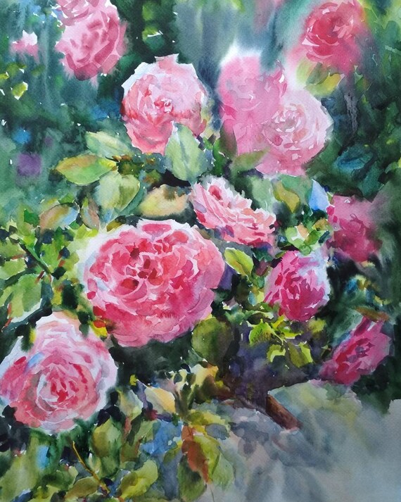 オリジナルのピンクのバラの水彩画：花のボタニカルアート（13.7x19.5