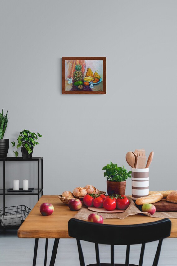 オリジナル油絵静物画、パイナップルの絵画キッチンの壁アート - Etsy 日本