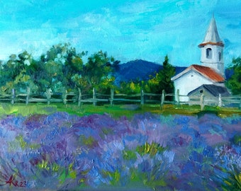 Lavender Field Painting: Original French Landscape Oil Artwork (16x12 in)