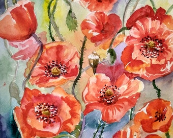 Red Poppy flowers Original Watercolor painting