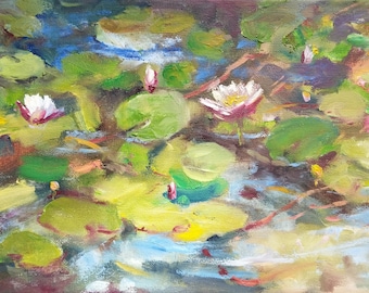 蓮の池の絵画：オリジナルの睡蓮の油絵、モネスタイル（8x12） - Etsy 日本