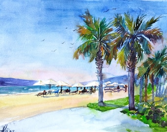 Original Watercolor Hawaii Beach Palm Tree Painting (12.6 x 9.4")