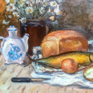 Fish Still Life Oil Painting on Canvas, Kitchen Art, 12x16