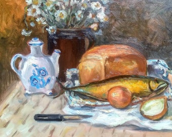Fish Still Life Oil Painting on Canvas, Kitchen Art, 12x16