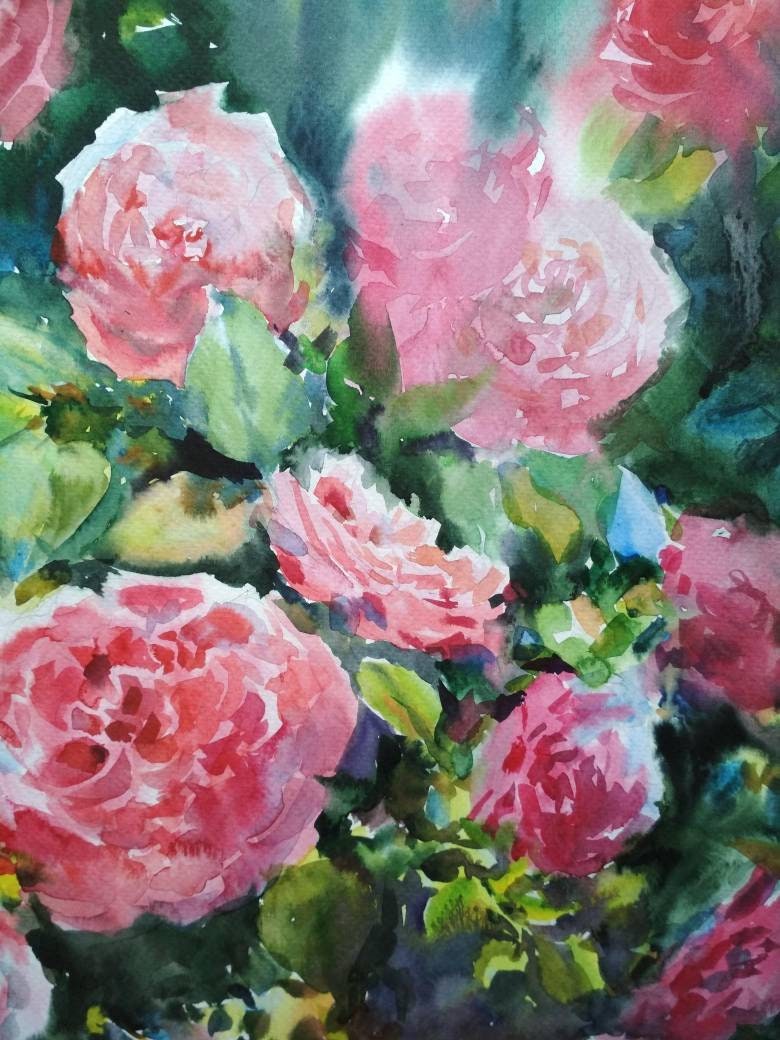 オリジナルのピンクのバラの水彩画：花のボタニカルアート（13.7x19.5