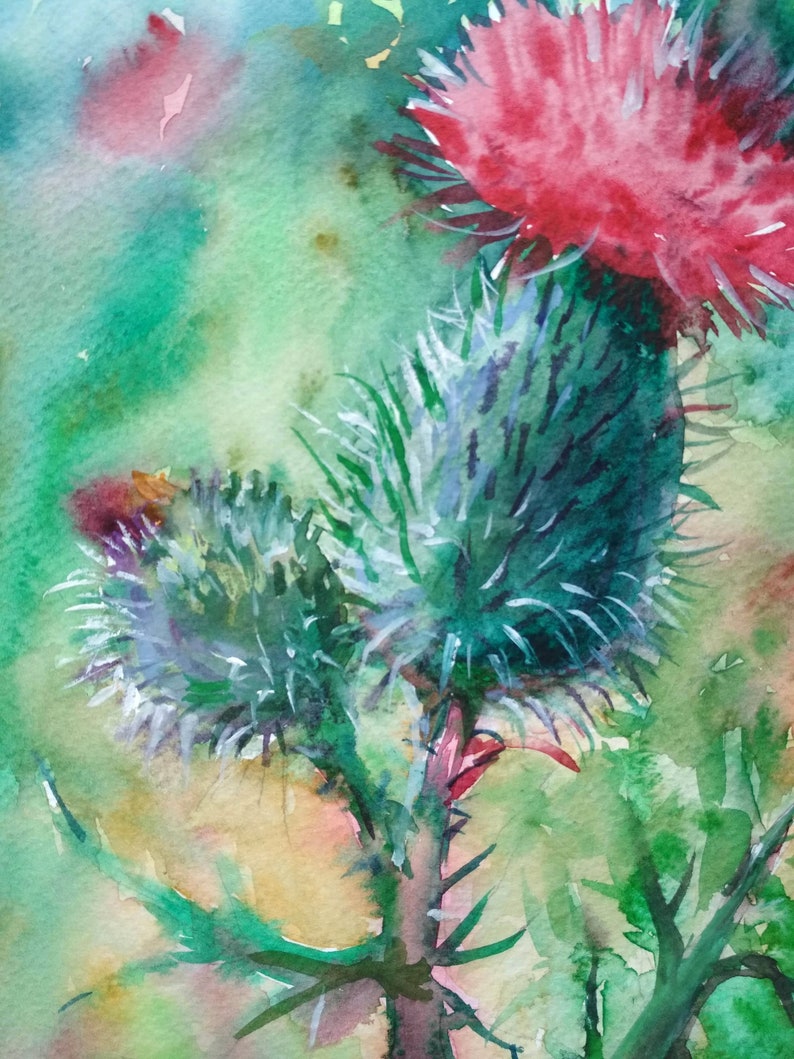 Thistle Painting Original Artwork Floral Painting Scottish Thistle Small Art by Ann Krasikova image 3