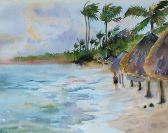 Hawaii landscape painting, Hawaiian watercolor painting original, Seascape Art, Palm Trees Artwork