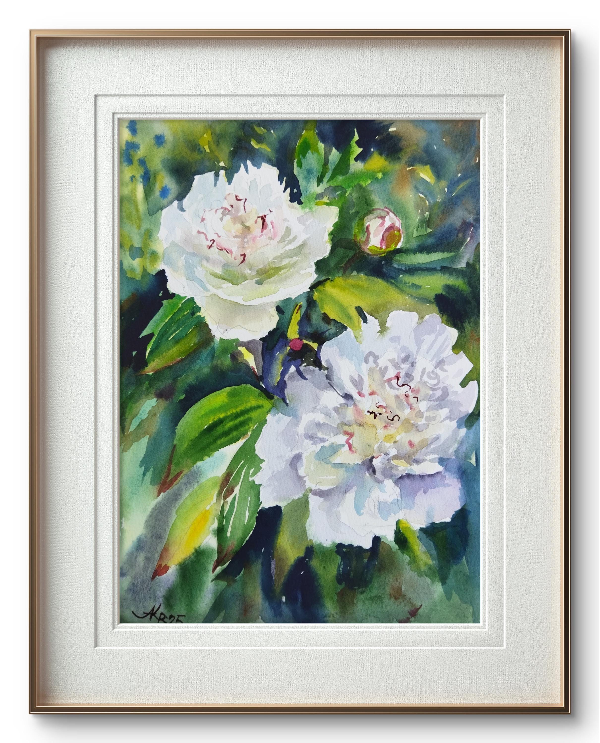 オリジナルの白い牡丹の水彩画：花のアートワーク 8x10インチ - Etsy 日本