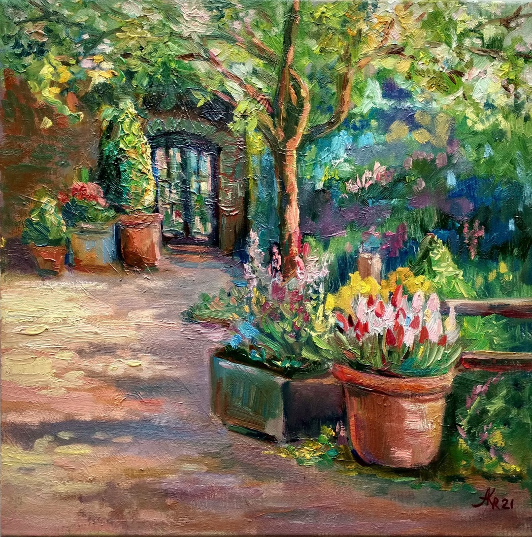 Cottage Oil Painting, Blooming Garden Art, Original Landscape