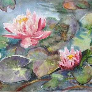 Water Lily Painting: Floral Watercolor Art, Original 9x12 Artwork