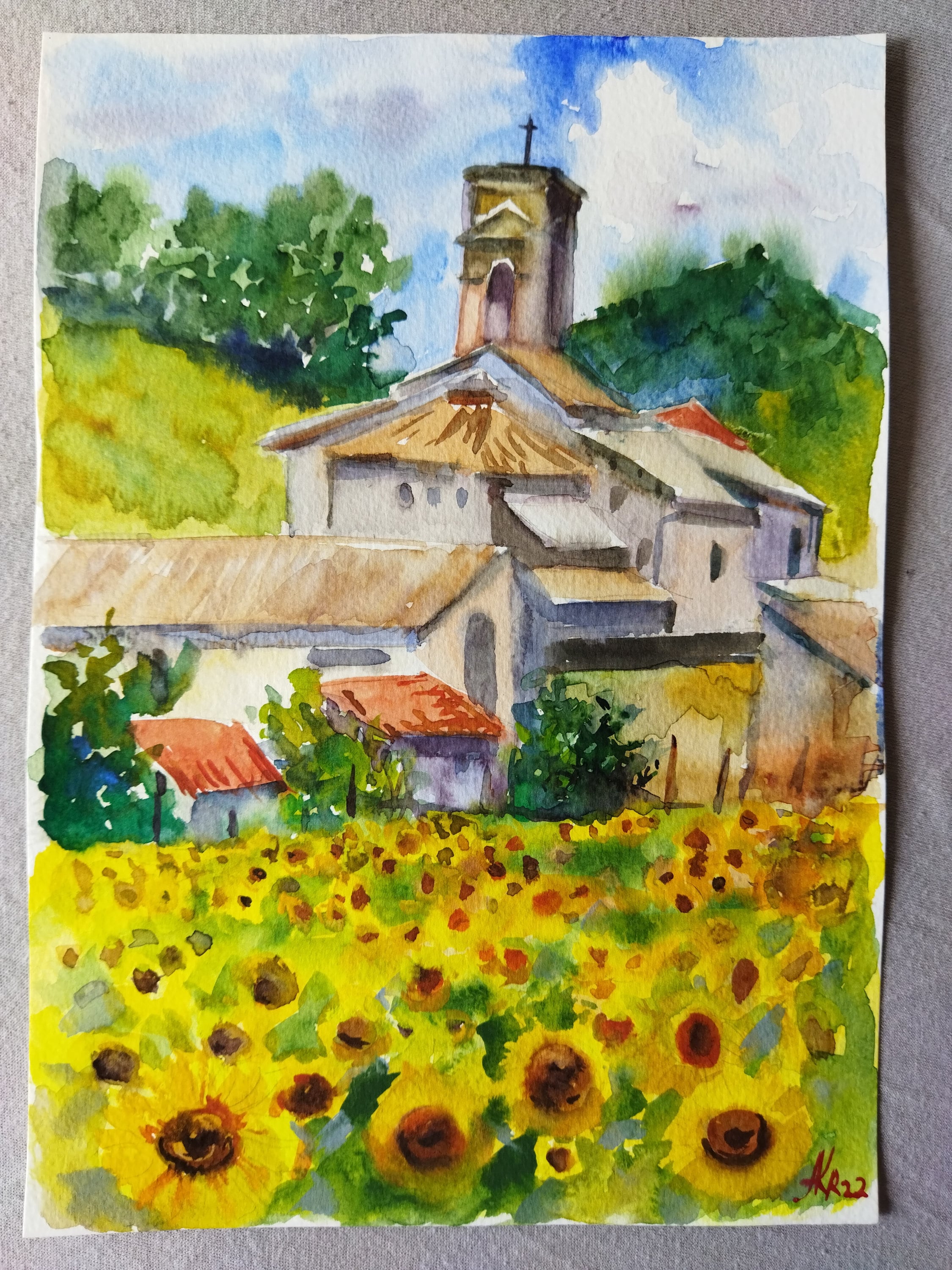 Tuscany Sunflower Fields Painting ORIGINAL Watercolor image
