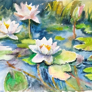 Water Lilies Watercolor Painting: Original Floral Artwork (10.6x7.7in)