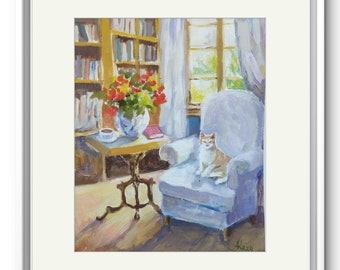 French Interior Gouache Painting, Red Cat Art, Cozy Room Scene, 10x12