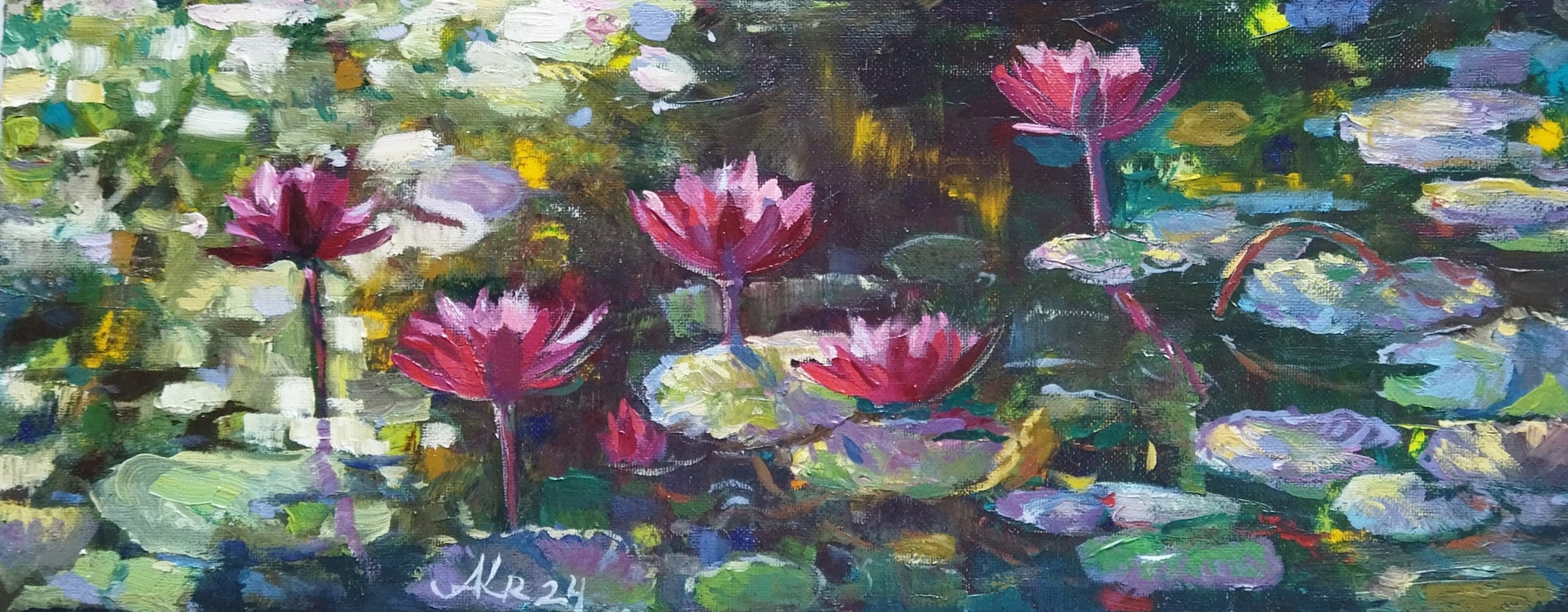 睡蓮の池の油絵：花の風景画（7インチ×17インチ） - Etsy 日本