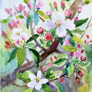 Fiori ad acquerello in fiore di melo, pittura ad acquerello originale Pittura di fiori primaverili