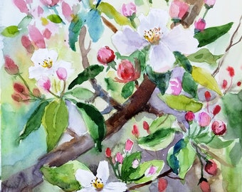 Original akvarellmålning av äppelblommor: Vårblomsterkonst
