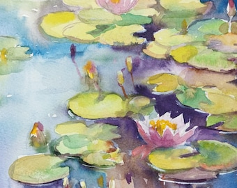 Original Watercolor Painting - Water Lilies Pond Art, Floral Wall Decor, Botanical Fine Art