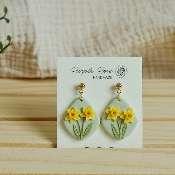 Daffodils Fimo pendant earrings with golden ball