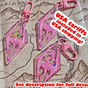 Skyrim Holographic Double-Sided Acrylic Charm, Cute, Pink, Aesthetic, Dragon, Elder Scrolls, Video Game