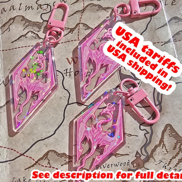 Skyrim Holographic Double-Sided Acrylic Charm, Cute, Pink, Aesthetic, Dragon, Elder Scrolls, Video Game