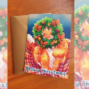 Ginger Cat Weihnachtskarte, süße Weihnachtskarte für Katzenliebhaber, orange, rot, Kranz
