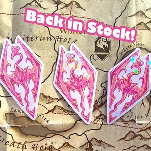 Skyrim Sticker, Cute Pink Aesthetic, Holographic Vinyl Dragon, Elder Scrolls, Video Game