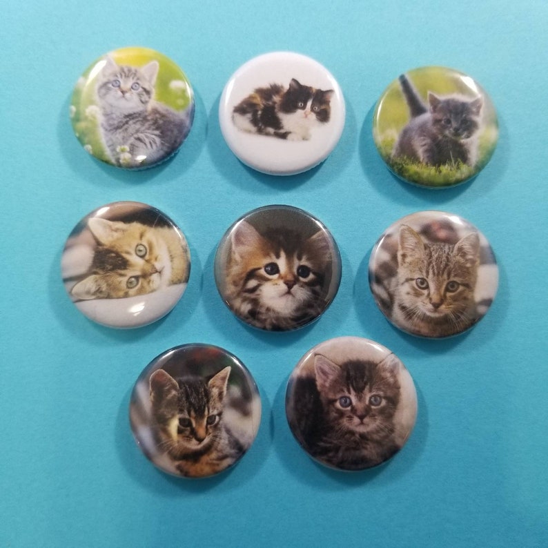 Set of 8 pin back buttons badges pins featuring cute Kittens! Cats! Kitties! Kittens!