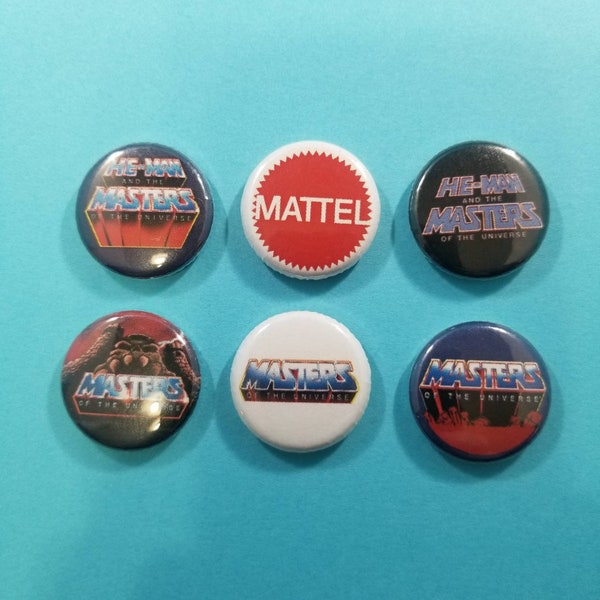 Set of 6 He-Man and the Masters of the Universe pinback Buttons featuring MOTU logos Mattel button badges pin pins