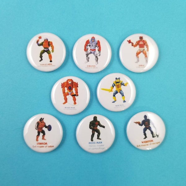 I HAVE THE POWER! set of 8 buttons badges pins featuring classic 80s cross-sell art from vintage He-Man & the Masters of the Universe toys!