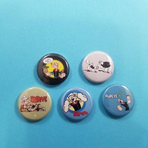 Popeye! Set of 5 pinback buttons badges pins featuring Popeye the Sailor Man!
