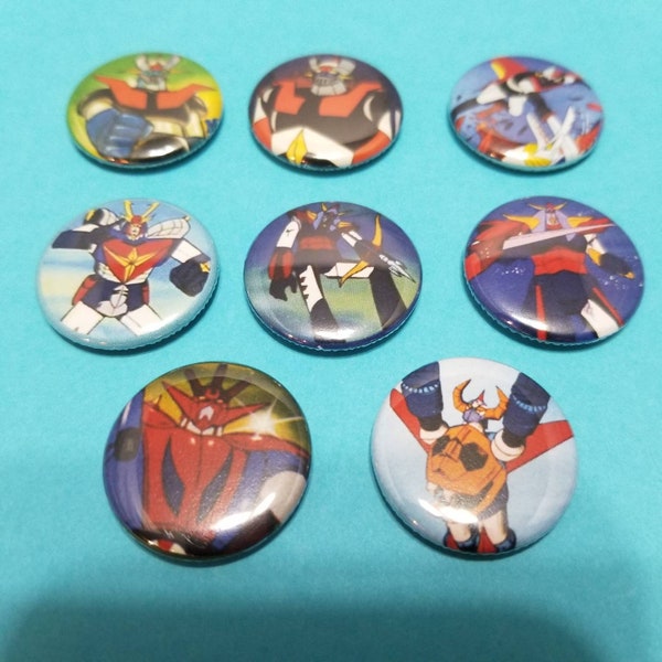 Shogun Warriors! Set of 8 pin back buttons badges featuring classic 80s Japanese super robots!!