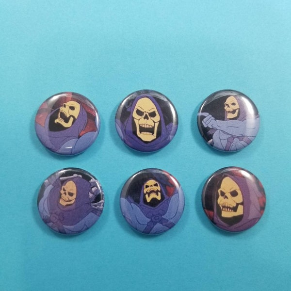 Skeletor! Set of 6 pin back buttons badges pins featuring your favorite evil lord of destruction! He-Man, Masters of the Universe, MOTU