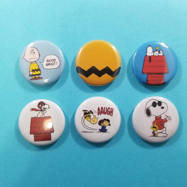 Good Grief - Set of 6 pin back buttons badges pins featuring Snoopy, Woodstock and good ol' Charlie Brown - Peanuts