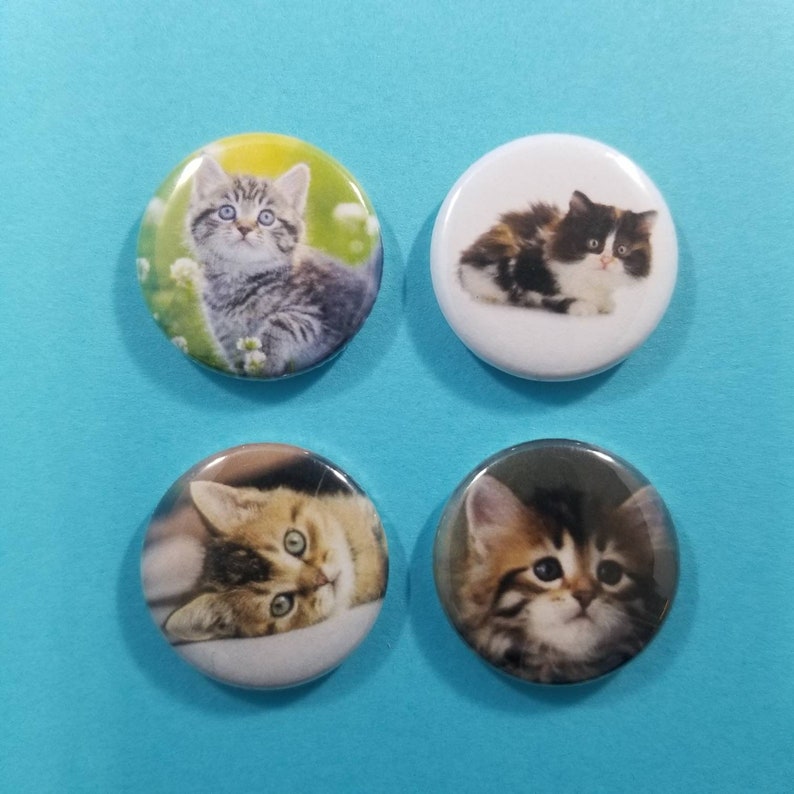 Set of 8 pin back buttons badges pins featuring cute Kittens! Cats! Kitties! Kittens!
