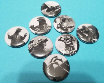 Godzilla!!! Set of 8 refrigerator magnets featuring classic kaiju monsters from the original Japanese Godzilla movies! 1 inch button magnets