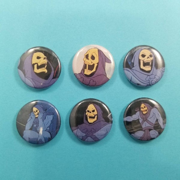 Skeletor! Set of 6 pin back buttons badges pins featuring your favorite evil lord of destruction!! He-Man, MOTU, Masters of the Universe