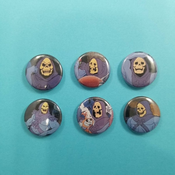 Skeletor! Set of 6 pin back buttons badges pins featuring your favorite evil lord of destruction! He-Man, MOTU, Masters of the Universe